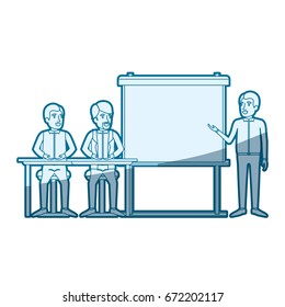 blue color silhouette shading with pair of man sitting in a desk for executive lecturer in presentacion business people vector illustration