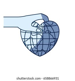 blue color silhouette shading of side view of hand holding a earth globe world in heart shape to deposit vector illustration