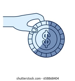 blue color silhouette shading of side view of hand holding a coin with dollar symbol inside to deposit vector illustration
