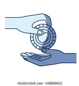 blue color silhouette shading of side view of palm human holding a coin with heart shape inside to deposit in other hand
