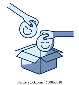 blue color silhouette shading of side view of pair hands holding a happy faces symbol to deposit in cardboard box vector illustration