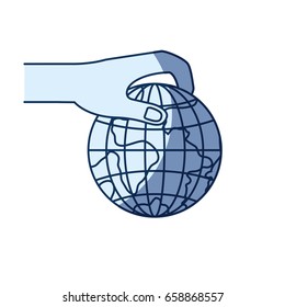 blue color silhouette shading of side view of hand holding a earth globe world charity symbol to deposit vector illustration