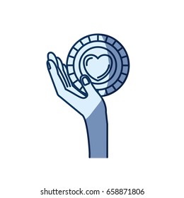 blue color silhouette shading of side view hand holding in palm a coin with heart shape inside charity symbol vector illustration