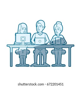 blue color silhouette shading of teamwork sitting in desk with tech devices vector illustration