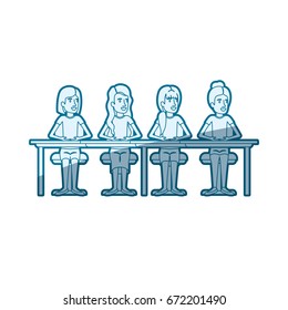 blue color silhouette shading of teamwork of women sitting in desk vector illustration