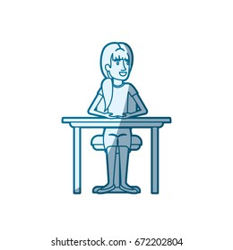 blue color silhouette shading of woman with ponytail side hair and sitting in chair in desktop vector illustration