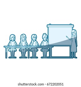 blue color silhouette shading with women group sitting in a desk for executive female in presentacion business people vector illustration