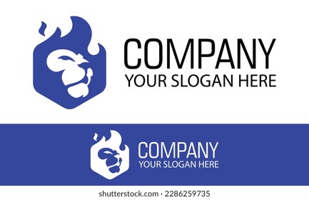 Blue Color Simple Burn Hexagonal Lion Head logo Design
