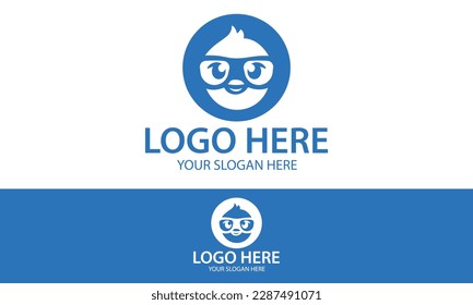 Blue Color Simple Cartoon Bird Glasses Logo Design	