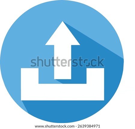 A blue color simple circle with shadow upload icon in the form of a white upward arrow and a whitr line as a sign that the file or document has been uploaded.