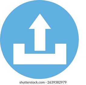 A blue color simple circle upload icon in the form of a white upward arrow and a whitr line as a sign that the file or document has been uploaded.