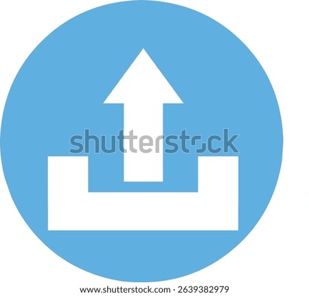 A blue color simple circle upload icon in the form of a white upward arrow and a whitr line as a sign that the file or document has been uploaded.