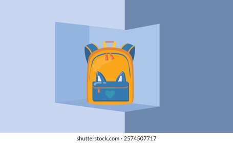 Blue color simple gradient three-dimensional vector background with school bag.