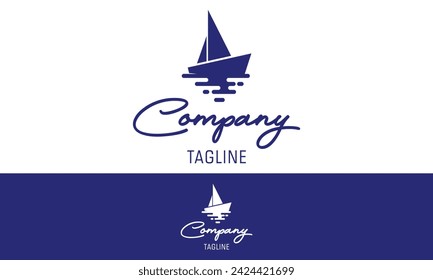 Blue Color Simple Sailing Ship and Cruise with Wave Logo Design