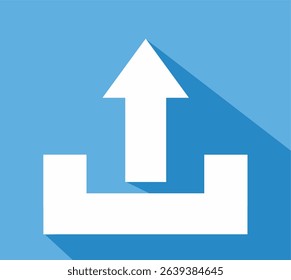 A blue color simple square with shading upload icon in the form of a white upward arrow and a whitr line as a sign that the file or document has been uploaded.