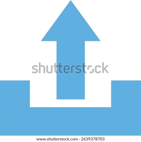 A blue color simple upload icon in the form of a upward arrow and a black line as a sign that the file or document has been uploaded.