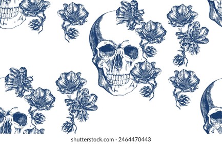 Blue color skull with flowers seamless pattern on transparent background