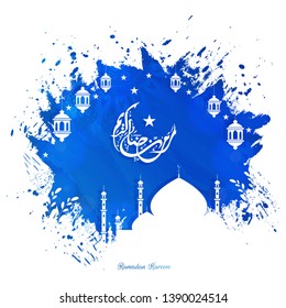 Blue color splash background with illustration of mosque and lantern in white color. Islamic arabic text of Ramadan Kareem poster or banner design.