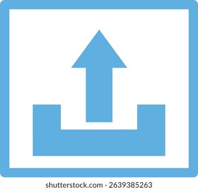 A blue color square outlinr simple upload icon in the form of a upward white arrow and a ehite line as a sign that the file or document has been uploaded.