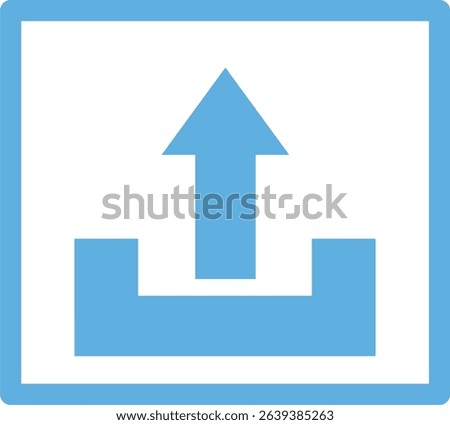 A blue color square outlinr simple upload icon in the form of a upward white arrow and a ehite line as a sign that the file or document has been uploaded.