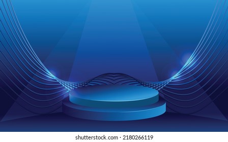 Blue color stage podium with light background wallpaper for display.