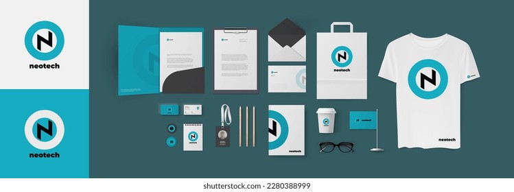 Blue color stationery desing template with circle logo N letter, corporate branding pack. Full starter set with folder and business cards, envelope and letterhead A4