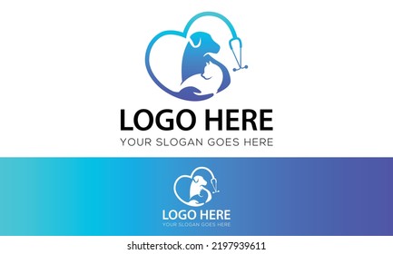 Blue Color Stethoscope Love Cat and Dog Logo Design