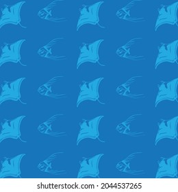 blue color stingray and fish patterns on blue background, vector, decorative, children's, textile, fabric