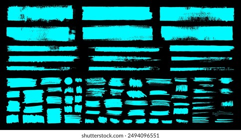 Blue color straight line vector brush strokes. Bright cyan hand drawn stripes, smears. Oil paint brushstrokes set. Rough grunge thick paint textured lines. Vector sketchy graffiti rectangle text boxes