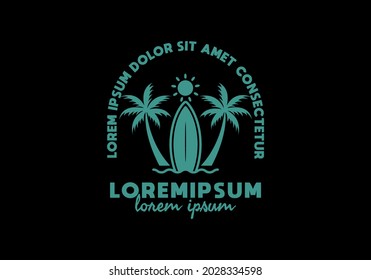 Blue color of surfing board and coconut tree line art illustration with lorem ipsum text design