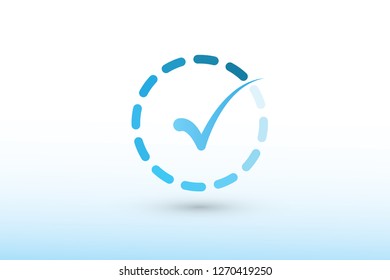 A blue color tick mark or sign inside dashed circle vector illustration on white background to show correct answer and approval