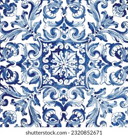 Blue color tiles pattren on a white background. Design ceramic, porcelain and textile.