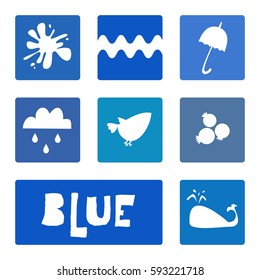 Blue color, tint set. Flat element, icon whale, ink, rain, wave, blueberrie, umbrella, bird. Vector illustration, silhouette, isolated.