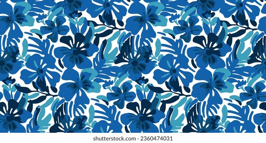 Blue color tropical summer flower seamless pattern illustration. Hand drawn hibiscus floral background print. Spring season texture wallpaper, watercolor jungle plant leaf art.