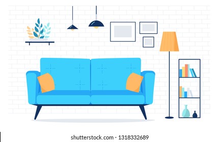 Blue color vector flat interior design illustration