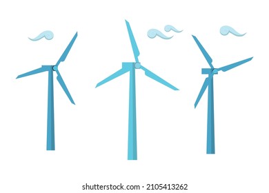 Turbinas de viento de vector de color azul aisladas en fondo blanco. Colección de iconos de concepto de energía verde y medio ambiente limpio. Generadores ecológicos y de energía alternativa.