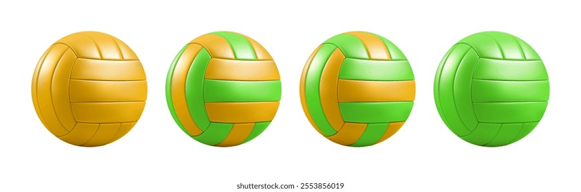 Blue color volleyball set. 3d vector realistic team sport game render. Beach volley mockup for water polo, handball, soccer. Summer active tournament symbol. Various leather voley ball school emoji