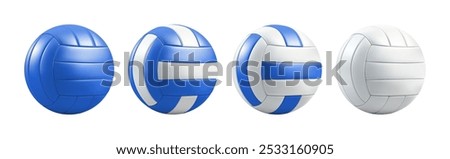 Blue color volleyball set. 3d vector realistic team sport game render. Beach volley mockup for water polo, handball, soccer. Summer active tournament symbol. Various leather voley ball school emoji