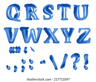 Blue color watercolor alphabet and punctuation symbols. Vector illustration.