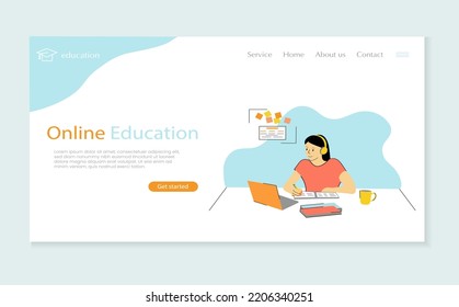 Blue color web banner with online education landing page design. Online education, digital learning. internet network. distance learning. distance learning..Vector illustration