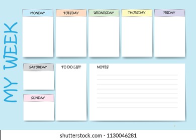 Blue color weekly planner with a chart for notes and white charts for each day of the week designed by different color are ready for your text. 