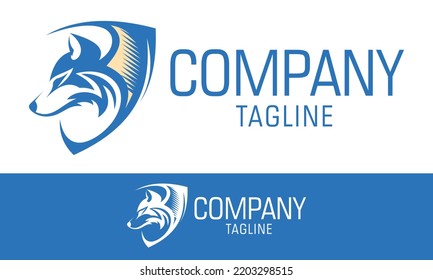 Blue Color Wolf Head with Shield Logo Design