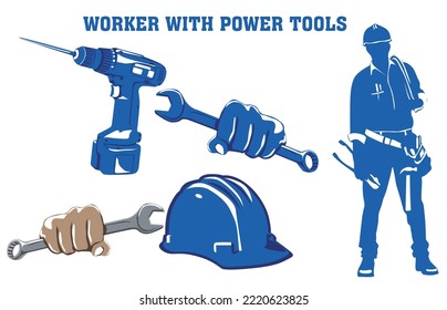 Blue Color Worker With Power Tools Background Posture Vector Illustration