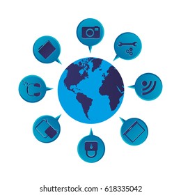 blue color world map globe with dialogue social icons vector illustration