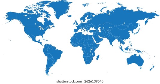Blue color world map isolated on white background