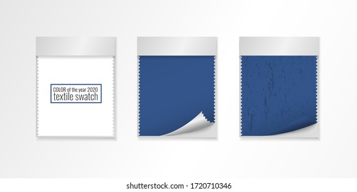 Blue - color of the year 2020. Trendy palette sample textile swatch template in 3d realistic paper case isolated on white background. Vector illustration