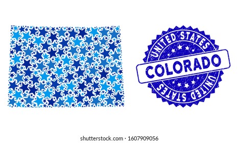 Blue Colorado State map mosaic of stars, and distress rounded stamp. Abstract territory plan in blue color tones. Vector Colorado State map is designed of blue stars.