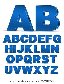 Blue colored 3D style decor poster typeface vector font. Set of latin capital letters and numbers