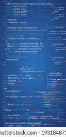 Blue colored abstract programming code screen, vertical layout. Different parts of algorithms