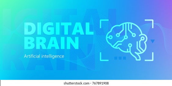 Blue Colored  Artificial Intelligence Vector Banner With Digital Brain Words And Robotic Brain Silhouette Icon In Outline Style.